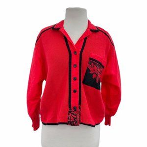 Vintage Red/Black Floral Button Front Top | Size Large